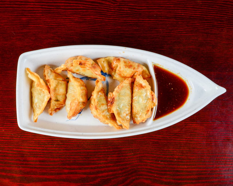 A white boat-shaped plate holds golden-brown fried dumplings and a section of dark dipping sauce.